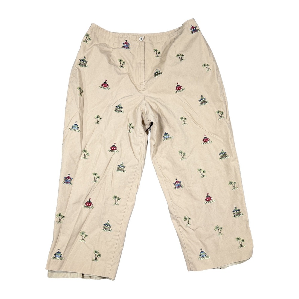 Talbots Petites 16P Embroidered Palm Tree Beach Tent Cropped Pants Beige Khaki